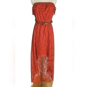 ❤️3/$12 Trixxi Strapless Lace Ruffle High Low Belted Dress Burnt Orange Size XL